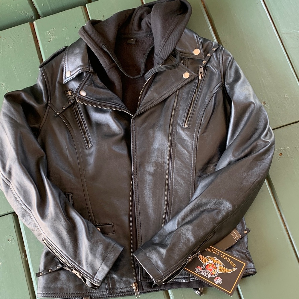 Women’s Black Leather Jacket with Hoodie